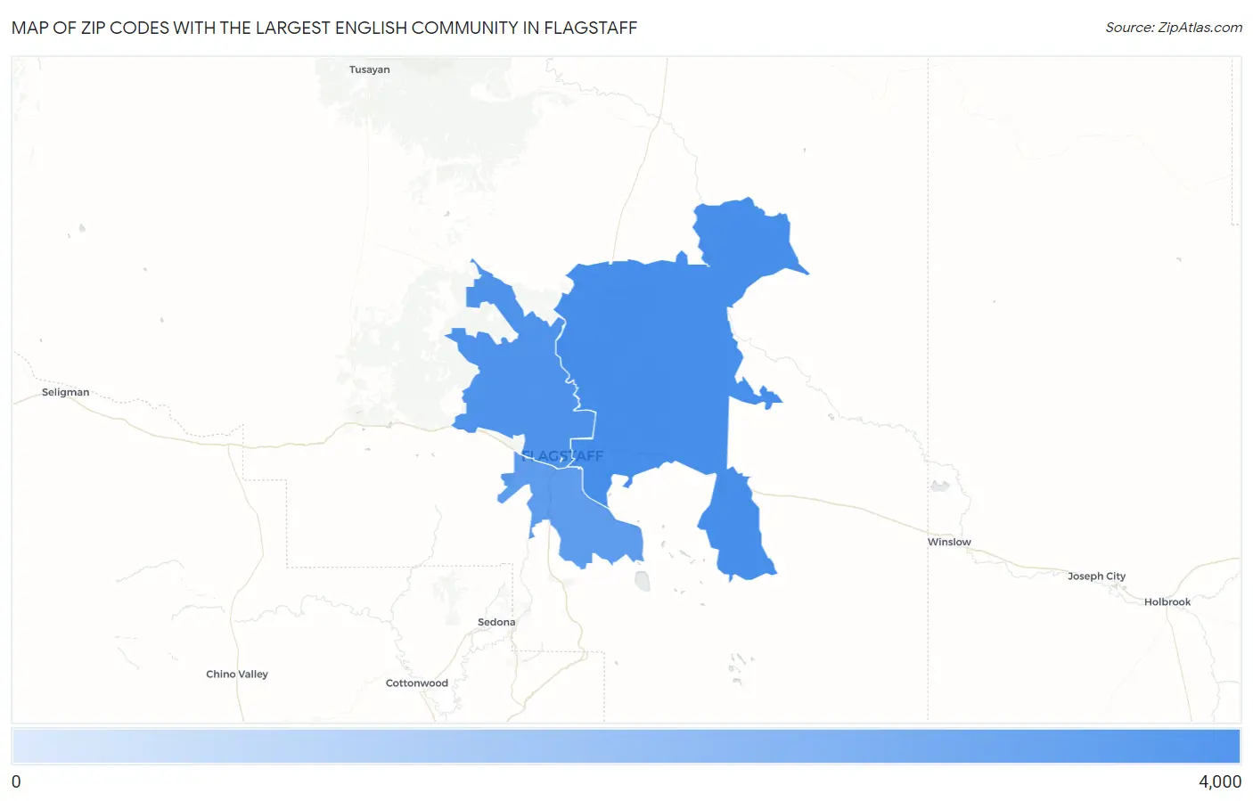 Zip Codes with the Largest English Community in Flagstaff Map