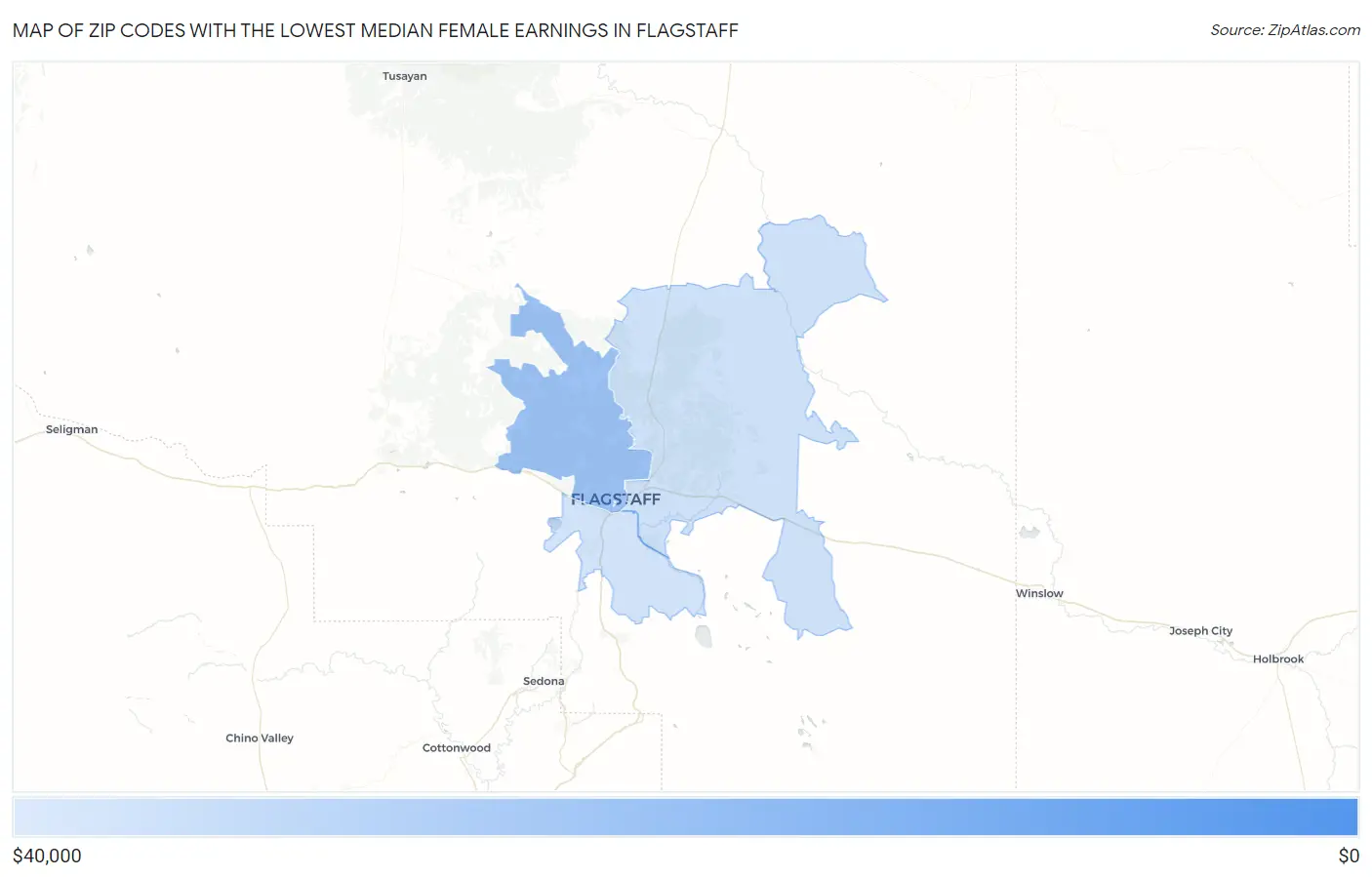 Zip Codes with the Lowest Median Female Earnings in Flagstaff Map