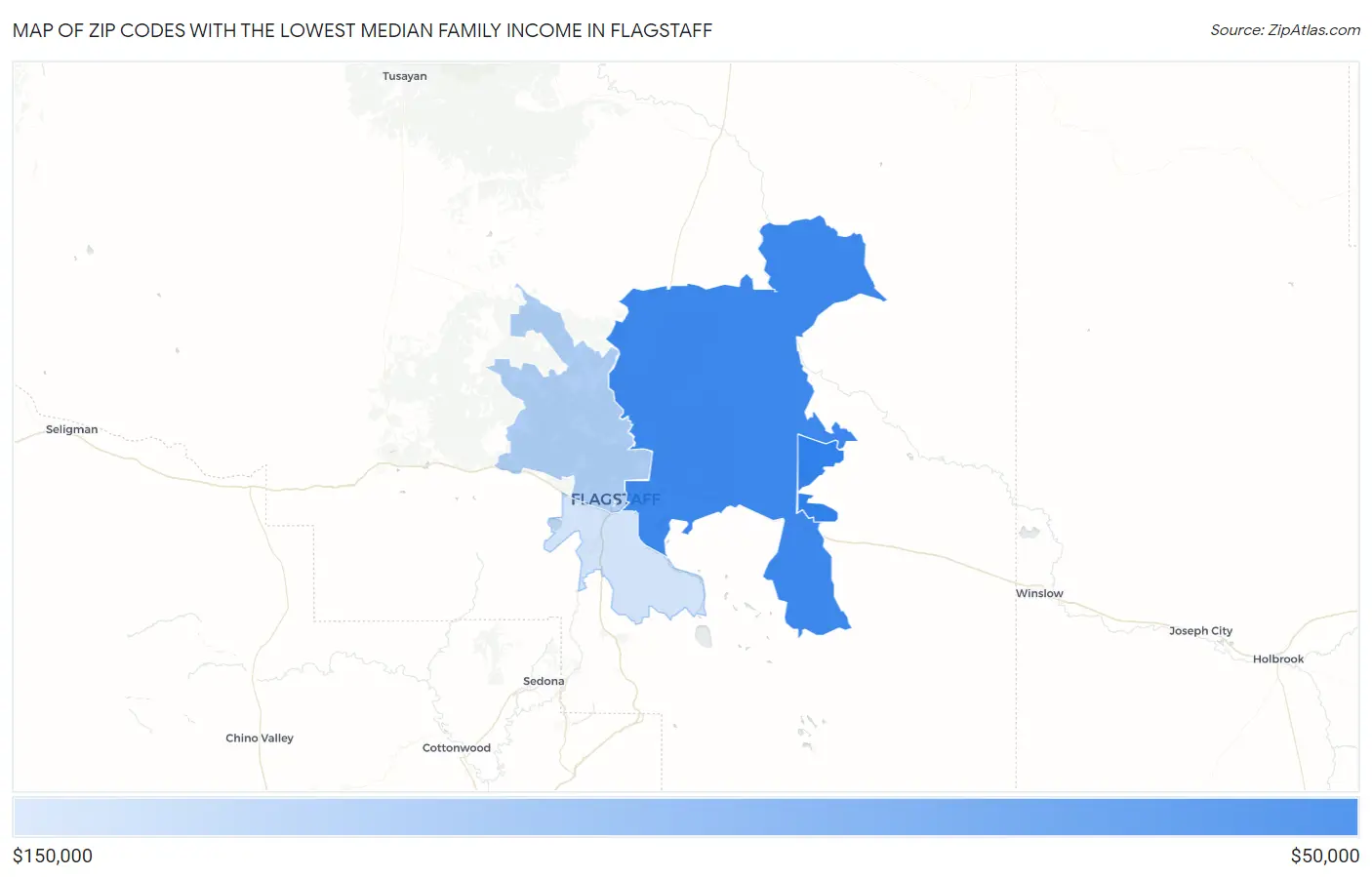 Zip Codes with the Lowest Median Family Income in Flagstaff Map