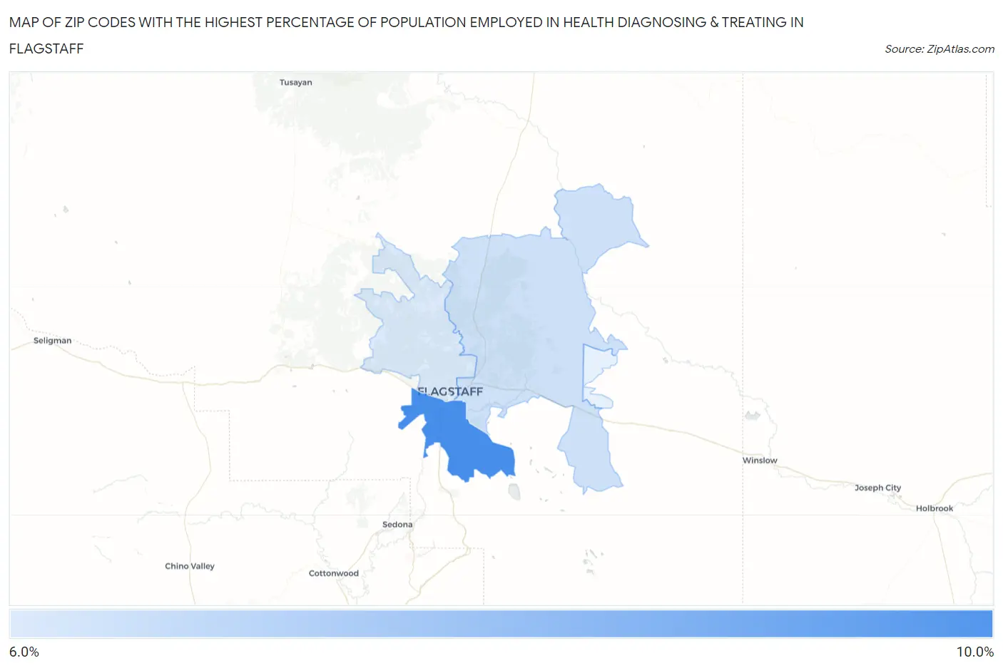 Zip Codes with the Highest Percentage of Population Employed in Health Diagnosing & Treating in Flagstaff Map