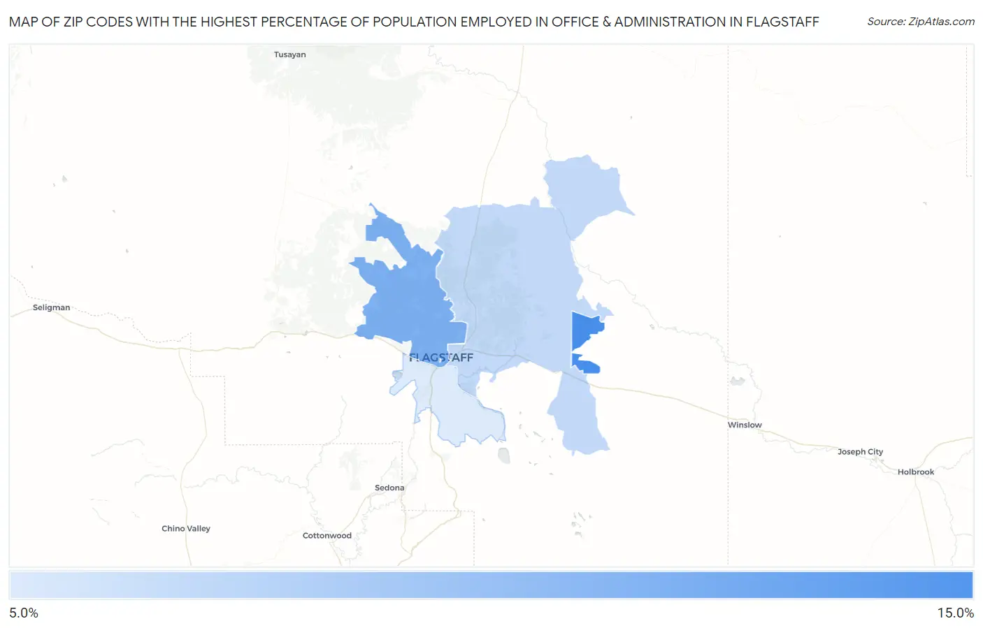 Zip Codes with the Highest Percentage of Population Employed in Office & Administration in Flagstaff Map