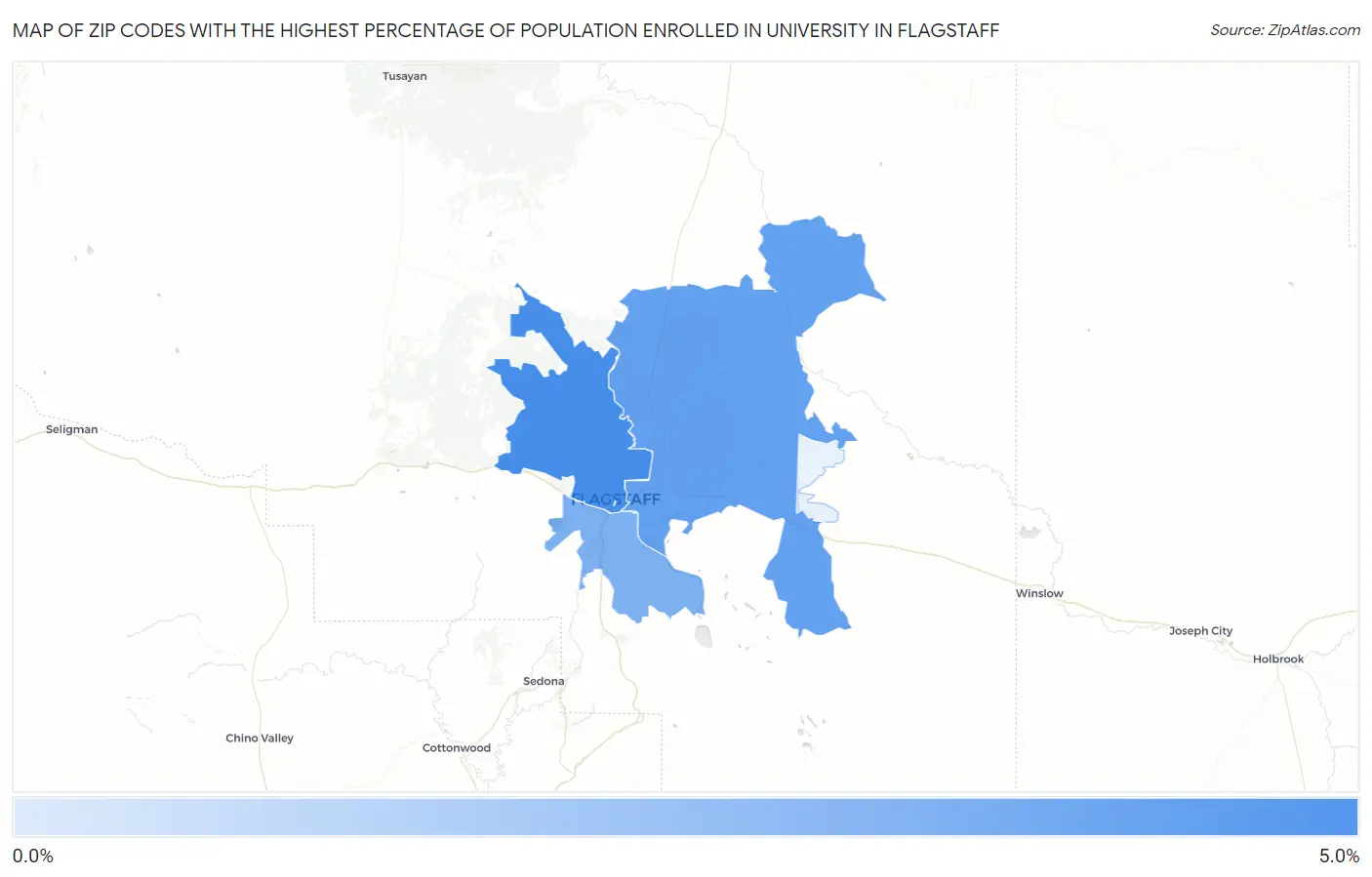 Zip Codes with the Highest Percentage of Population Enrolled in University in Flagstaff Map