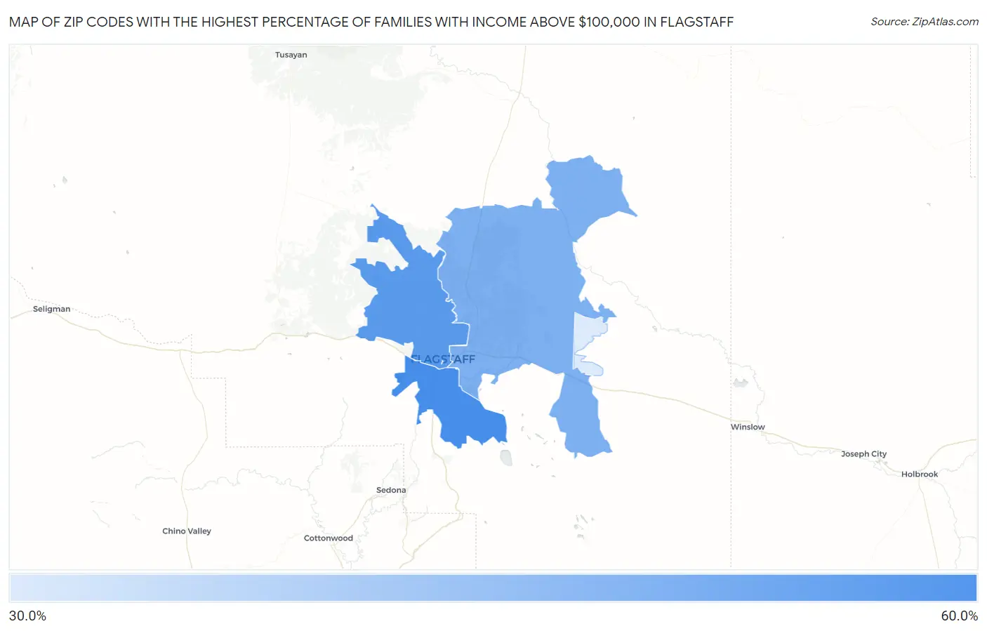 Zip Codes with the Highest Percentage of Families with Income Above $100,000 in Flagstaff Map