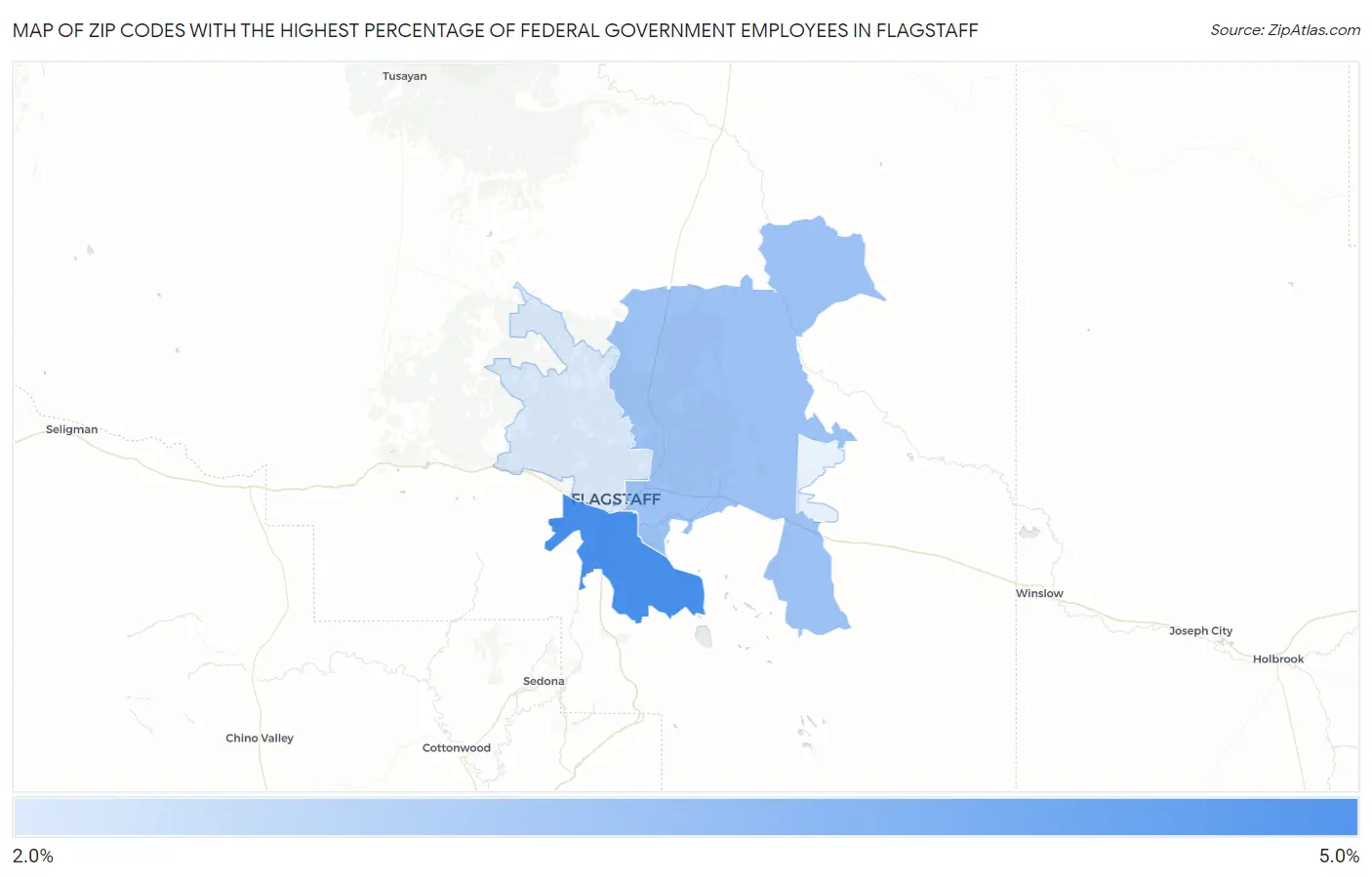 Zip Codes with the Highest Percentage of Federal Government Employees in Flagstaff Map