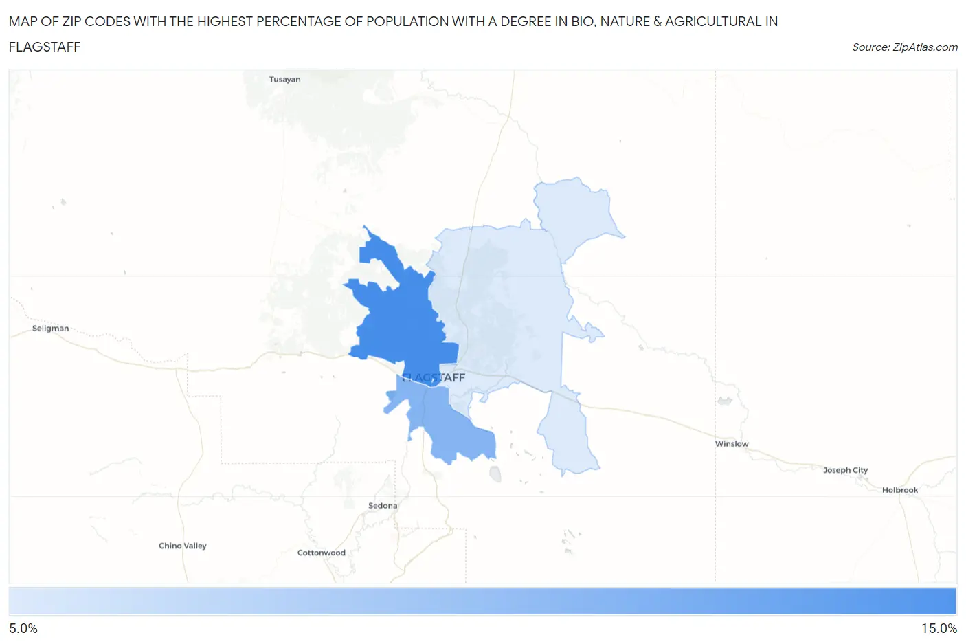 Zip Codes with the Highest Percentage of Population with a Degree in Bio, Nature & Agricultural in Flagstaff Map
