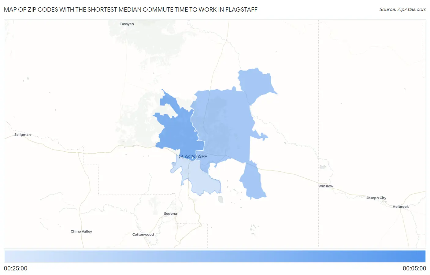 Zip Codes with the Shortest Median Commute Time to Work in Flagstaff Map