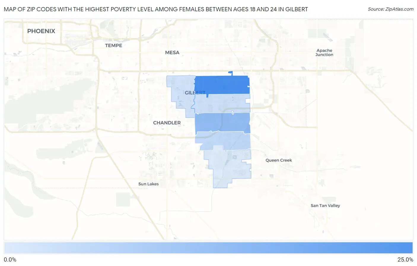 Zip Codes with the Highest Poverty Level Among Females Between Ages 18 and 24 in Gilbert Map