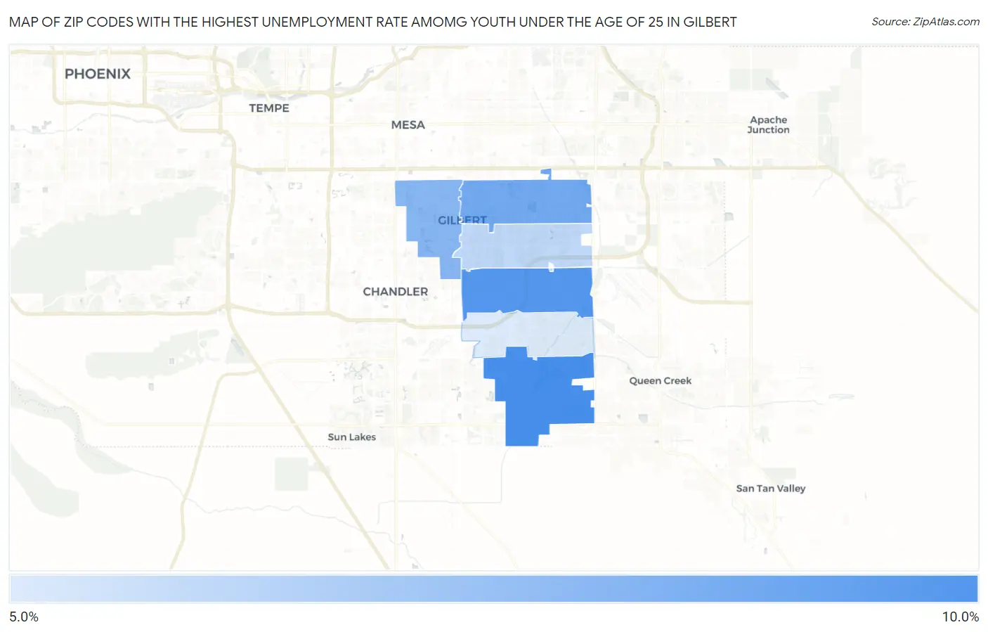 Zip Codes with the Highest Unemployment Rate Amomg Youth Under the Age of 25 in Gilbert Map