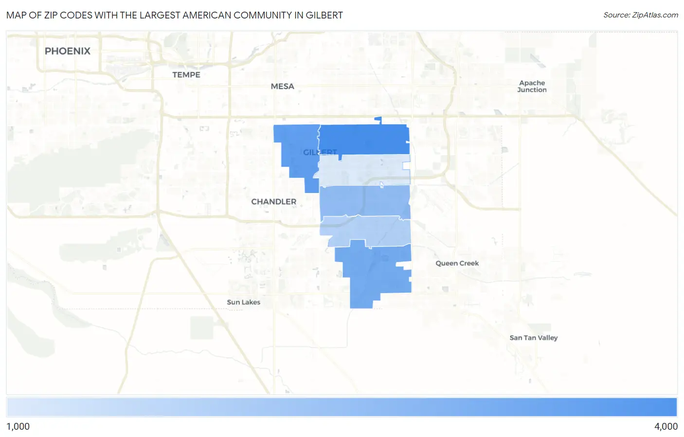 Zip Codes with the Largest American Community in Gilbert Map