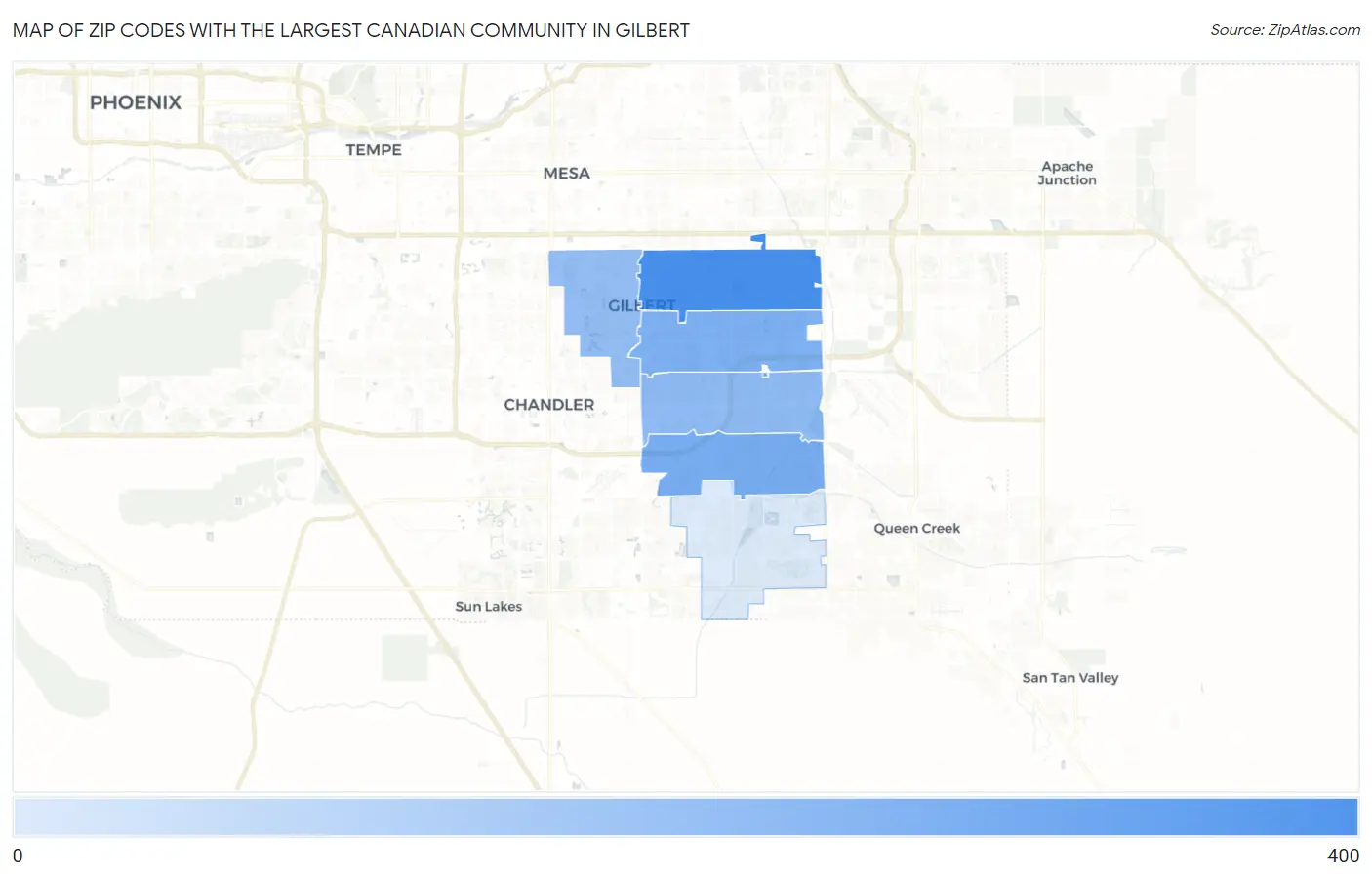 Zip Codes with the Largest Canadian Community in Gilbert Map