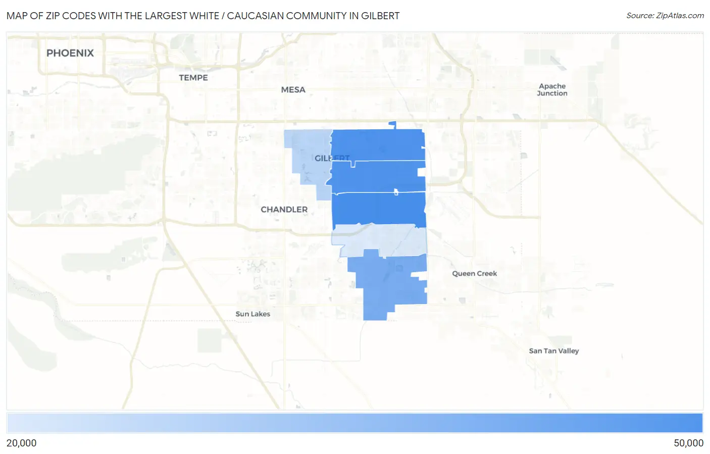 Zip Codes with the Largest White / Caucasian Community in Gilbert Map