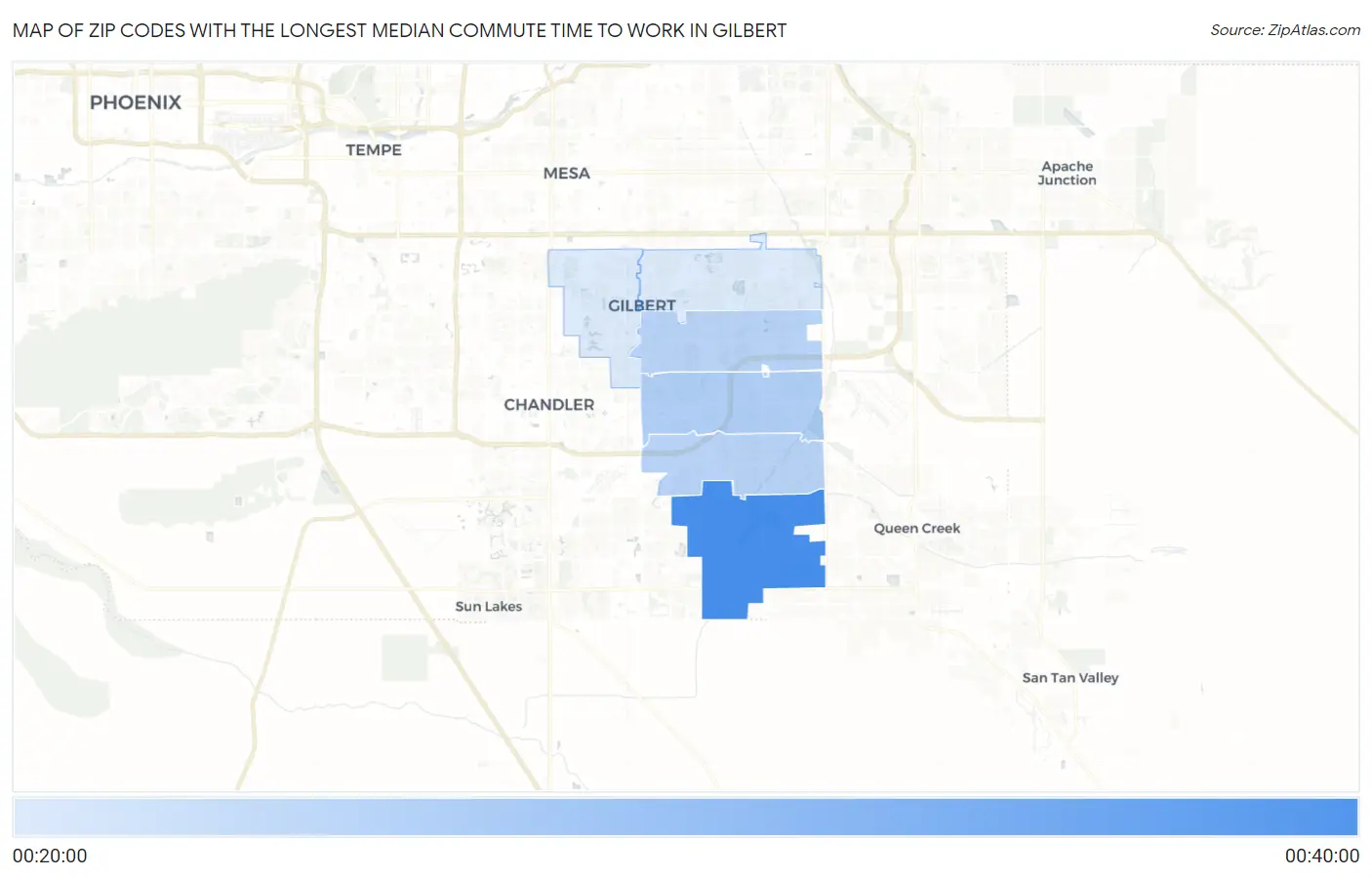 Zip Codes with the Longest Median Commute Time to Work in Gilbert Map
