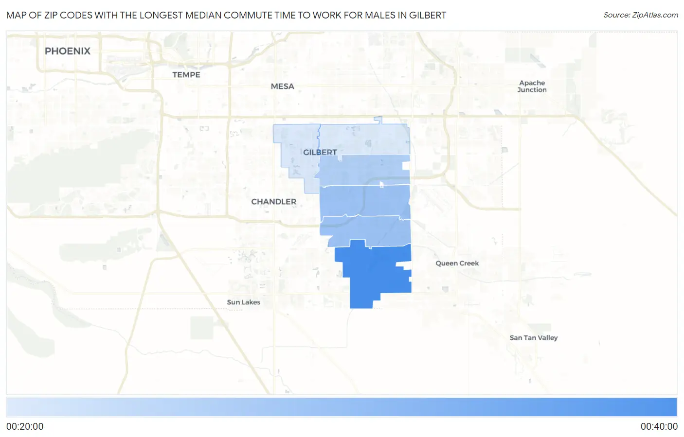 Zip Codes with the Longest Median Commute Time to Work for Males in Gilbert Map
