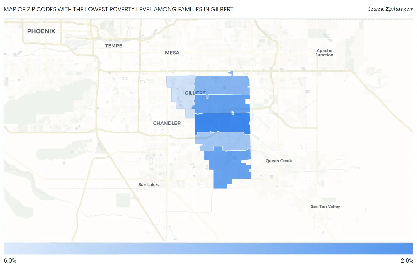 Zip Codes with the Lowest Poverty Level Among Families in Gilbert Map