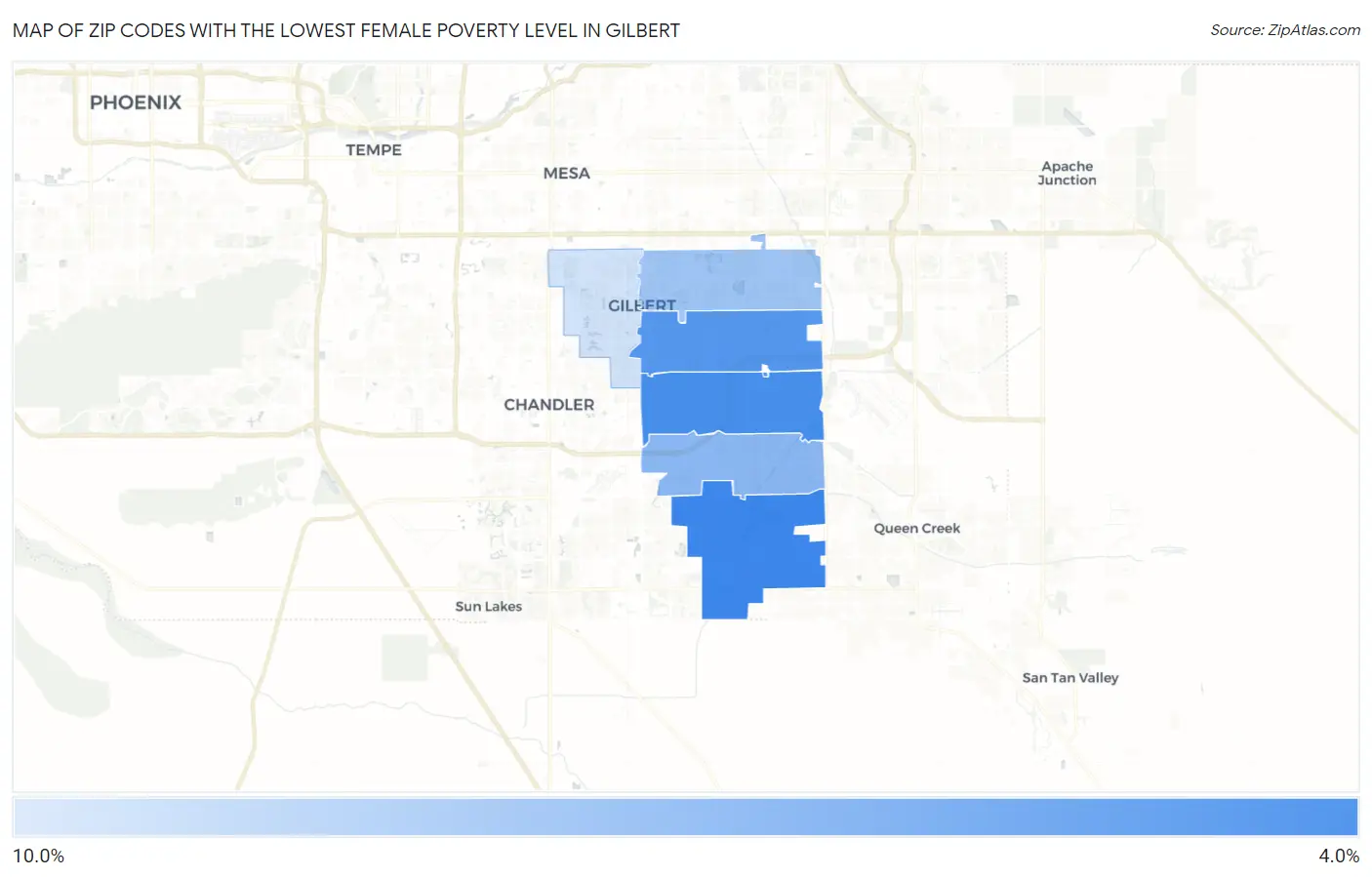 Zip Codes with the Lowest Female Poverty Level in Gilbert Map
