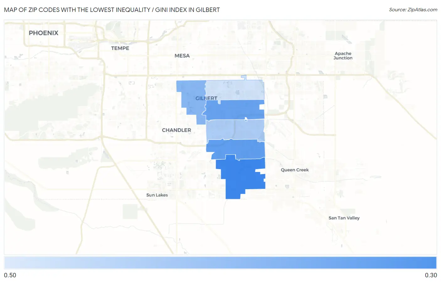 Zip Codes with the Lowest Inequality / Gini Index in Gilbert Map