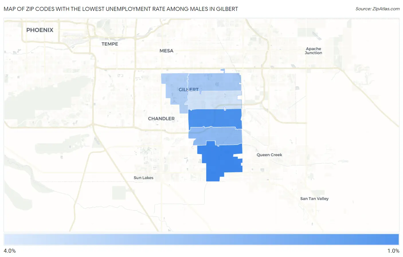 Zip Codes with the Lowest Unemployment Rate Among Males in Gilbert Map