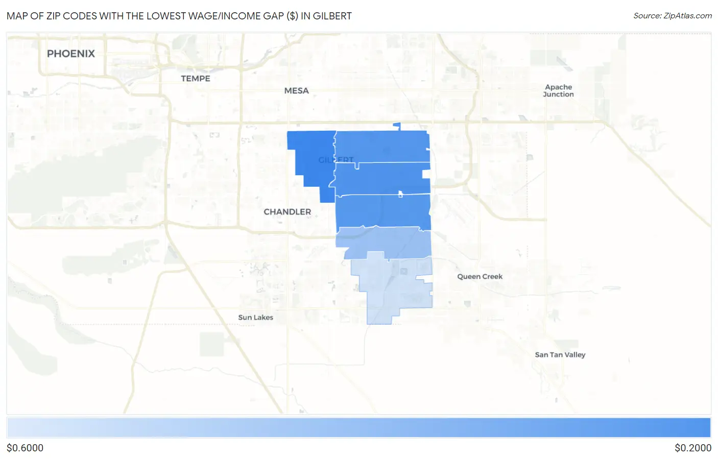 Zip Codes with the Lowest Wage/Income Gap ($) in Gilbert Map