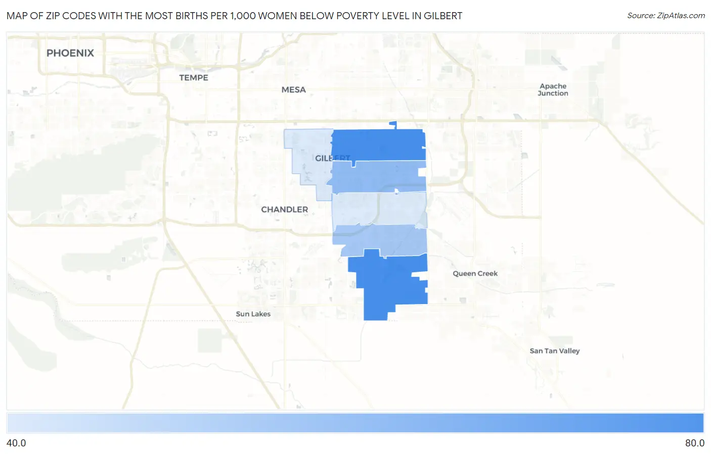 Zip Codes with the Most Births per 1,000 Women Below Poverty Level in Gilbert Map