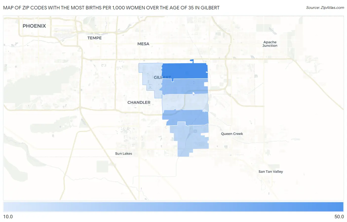 Zip Codes with the Most Births per 1,000 Women Over the Age of 35 in Gilbert Map