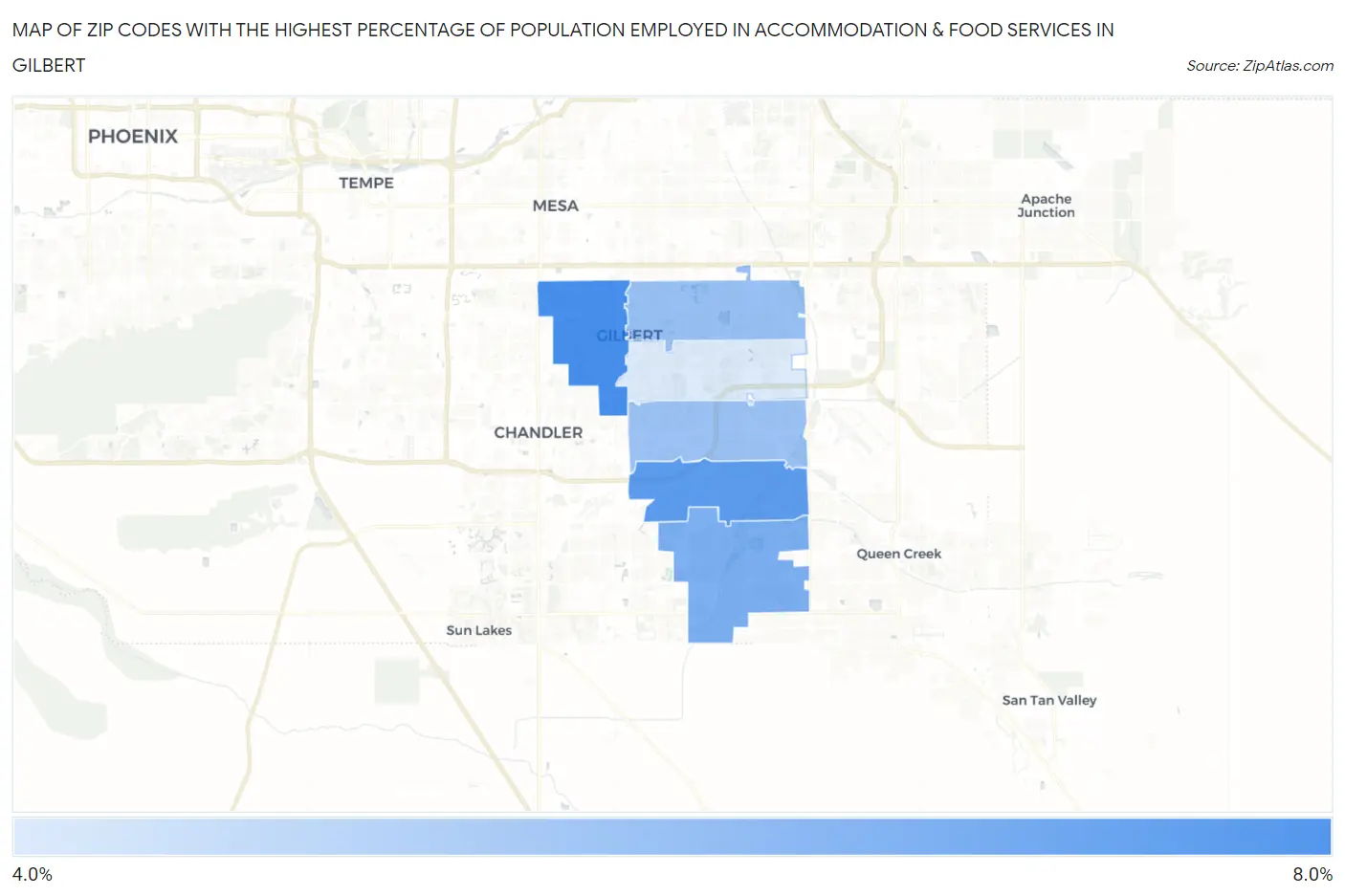 Zip Codes with the Highest Percentage of Population Employed in Accommodation & Food Services in Gilbert Map