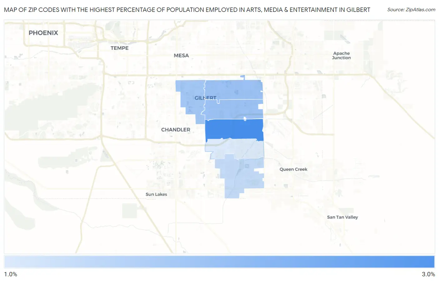 Zip Codes with the Highest Percentage of Population Employed in Arts, Media & Entertainment in Gilbert Map