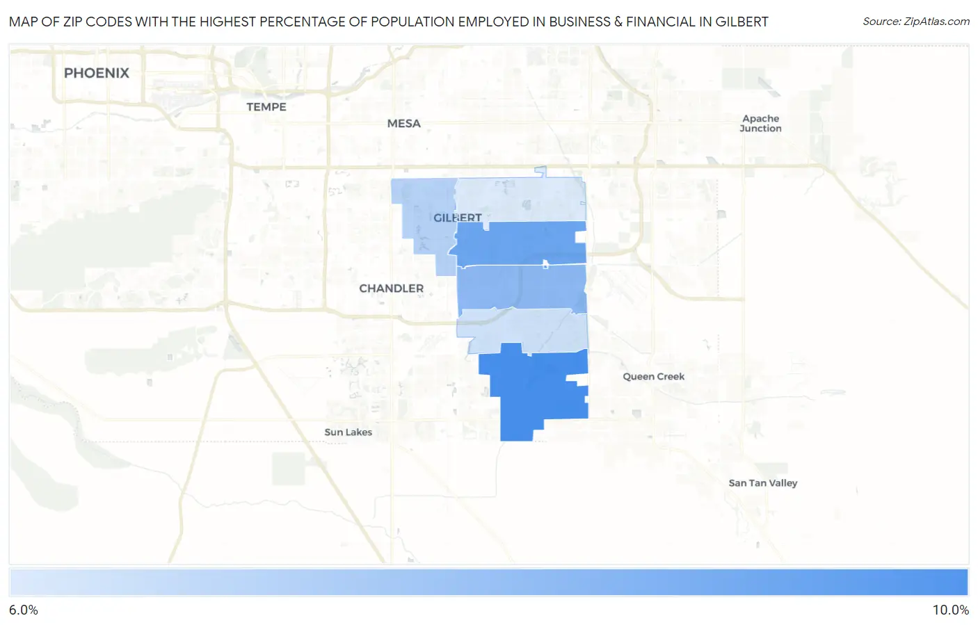 Zip Codes with the Highest Percentage of Population Employed in Business & Financial in Gilbert Map