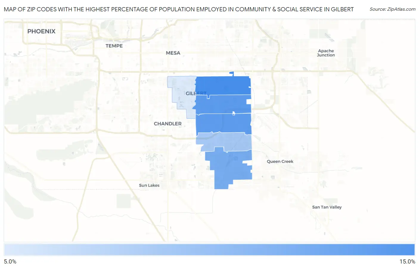Zip Codes with the Highest Percentage of Population Employed in Community & Social Service  in Gilbert Map