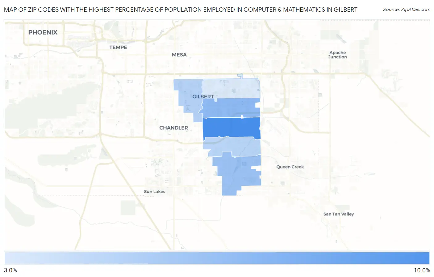 Zip Codes with the Highest Percentage of Population Employed in Computer & Mathematics in Gilbert Map