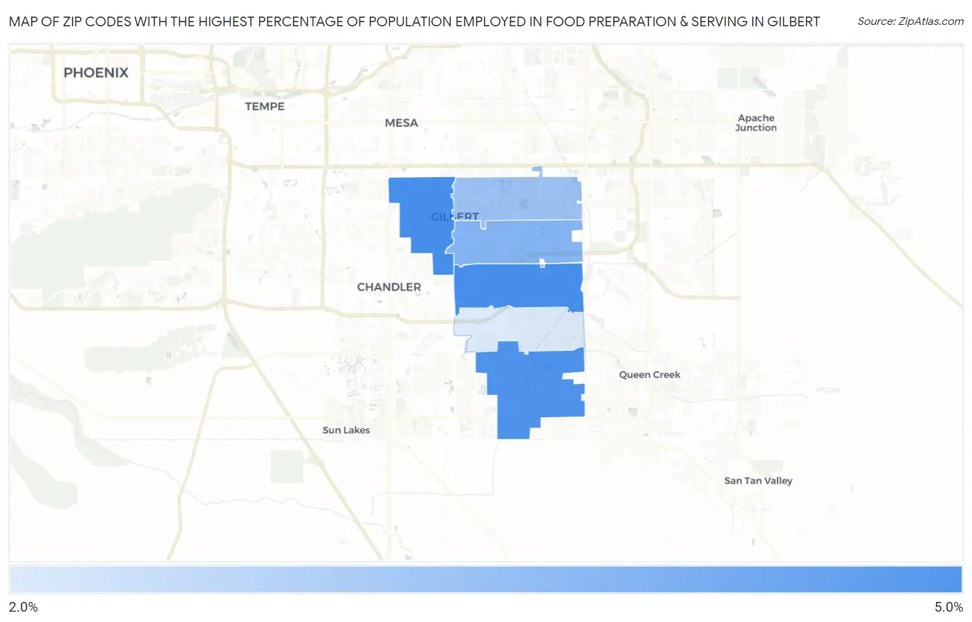 Zip Codes with the Highest Percentage of Population Employed in Food Preparation & Serving in Gilbert Map