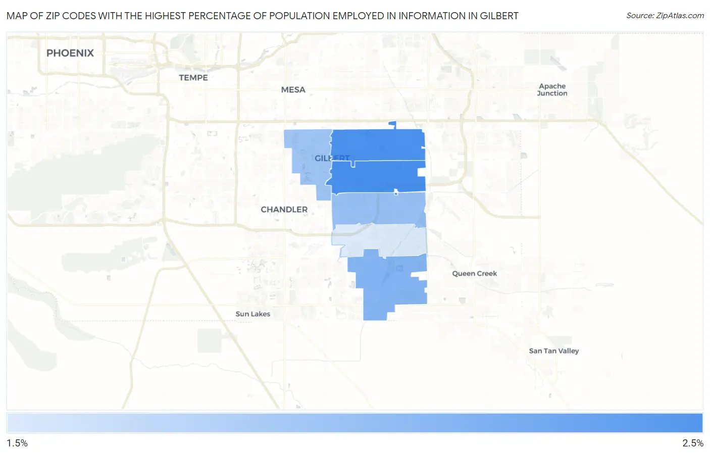 Zip Codes with the Highest Percentage of Population Employed in Information in Gilbert Map