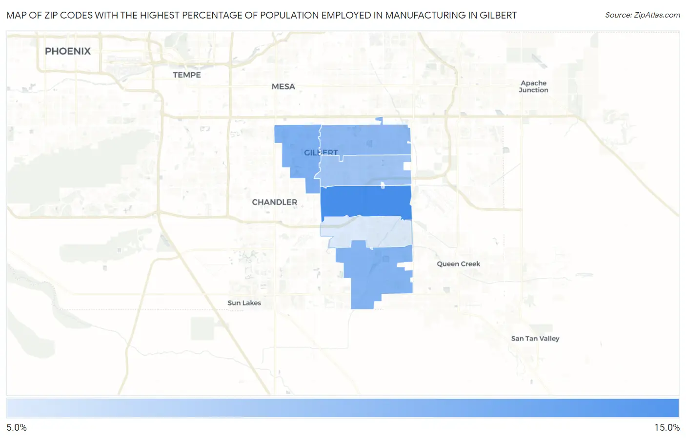 Zip Codes with the Highest Percentage of Population Employed in Manufacturing in Gilbert Map