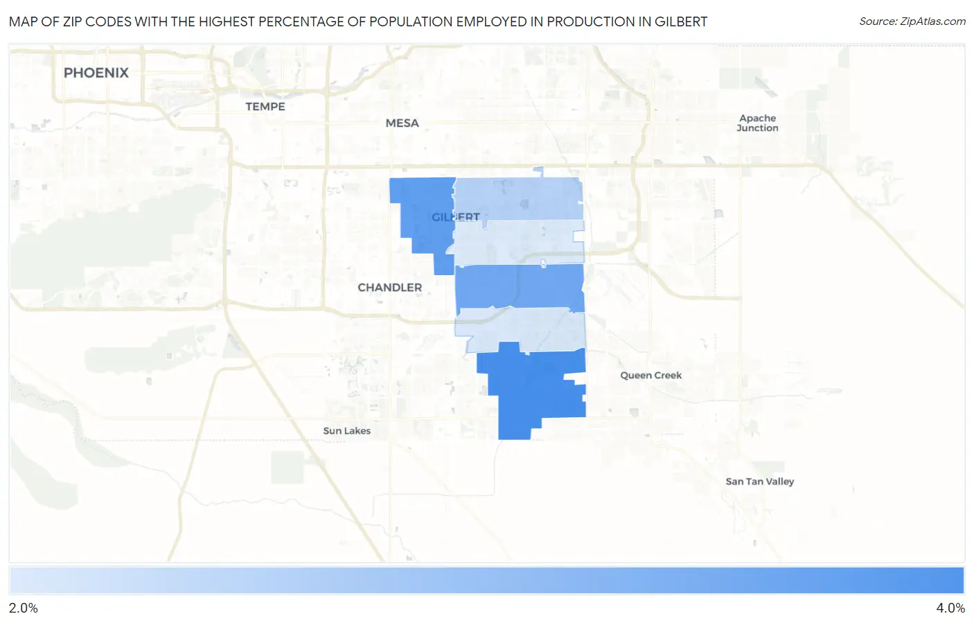 Zip Codes with the Highest Percentage of Population Employed in Production in Gilbert Map