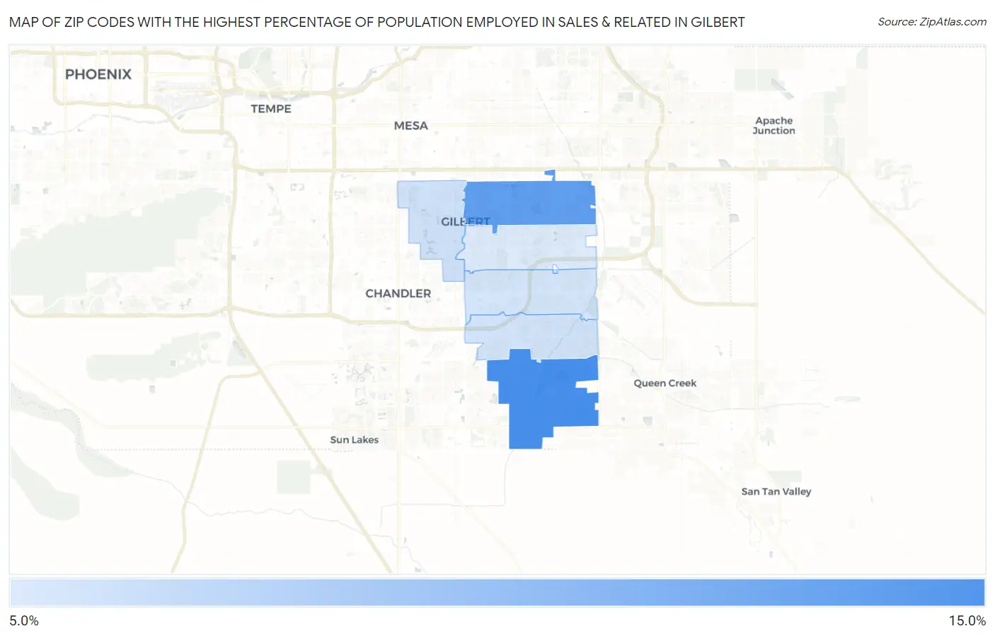 Zip Codes with the Highest Percentage of Population Employed in Sales & Related in Gilbert Map