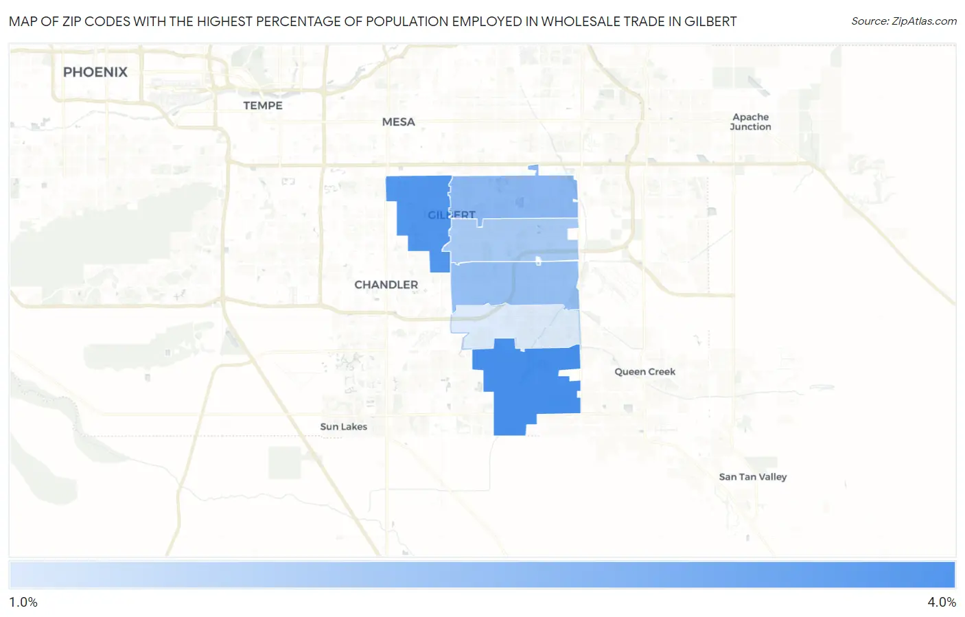 Zip Codes with the Highest Percentage of Population Employed in Wholesale Trade in Gilbert Map