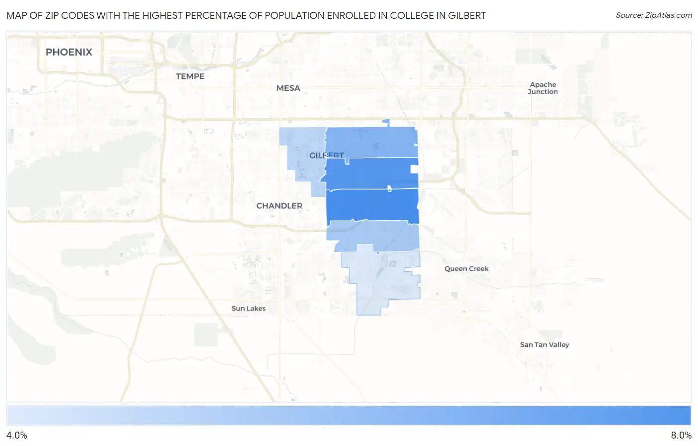 Zip Codes with the Highest Percentage of Population Enrolled in College in Gilbert Map