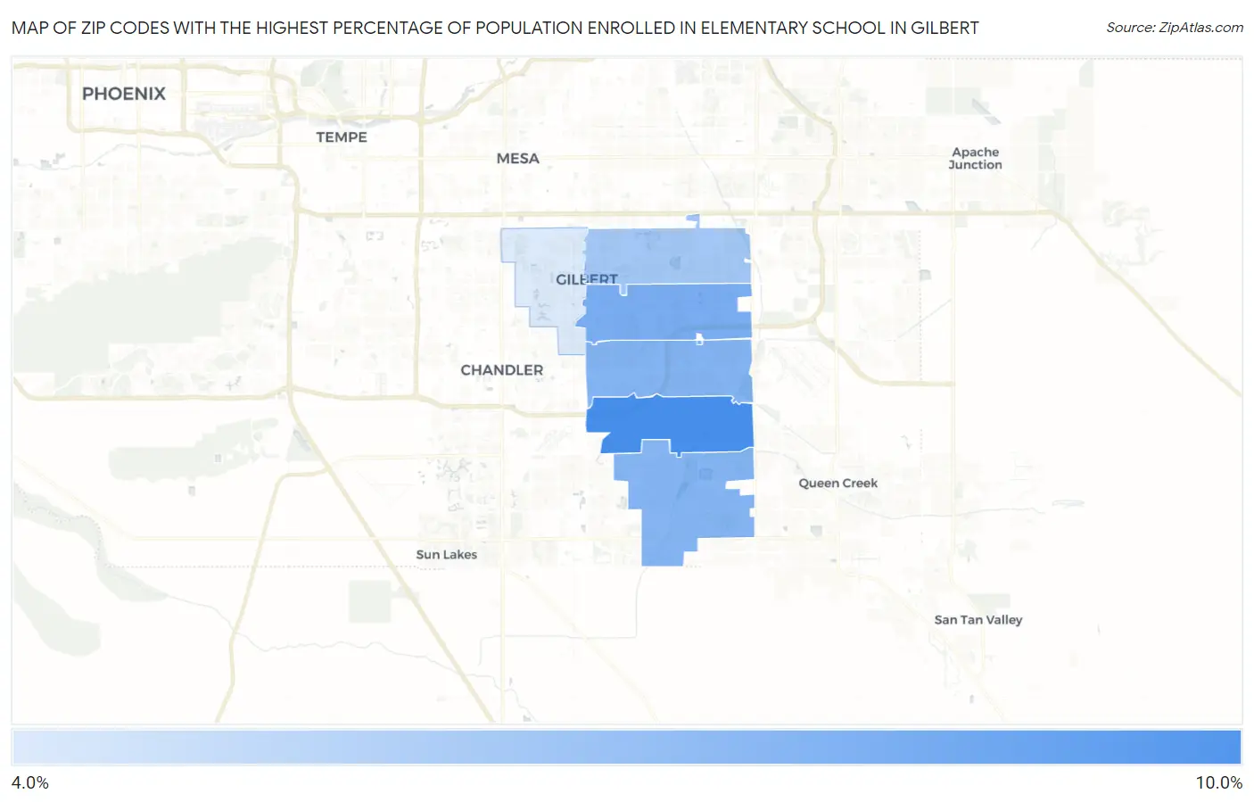 Zip Codes with the Highest Percentage of Population Enrolled in Elementary School in Gilbert Map