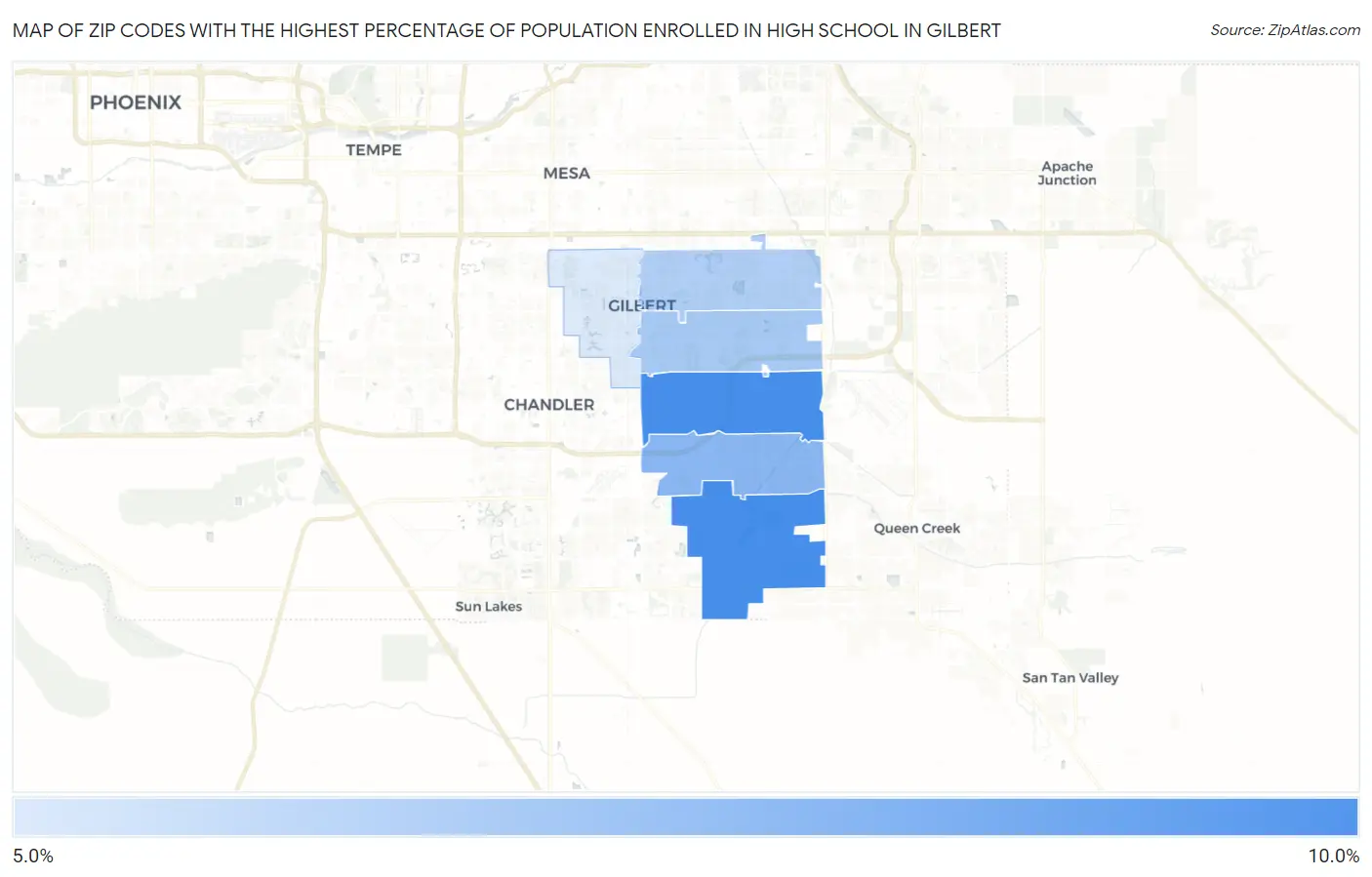 Zip Codes with the Highest Percentage of Population Enrolled in High School in Gilbert Map