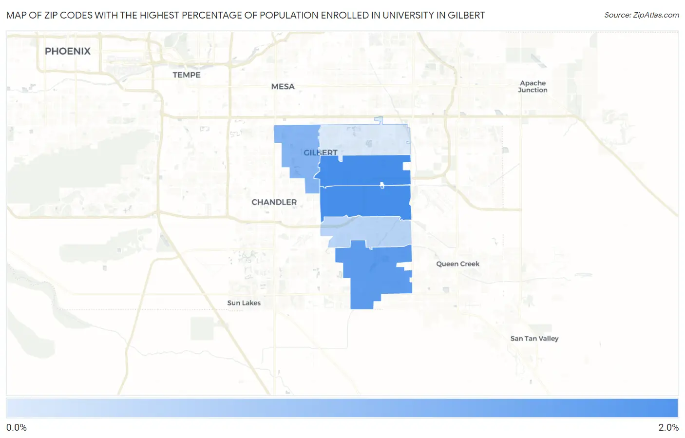 Zip Codes with the Highest Percentage of Population Enrolled in University in Gilbert Map