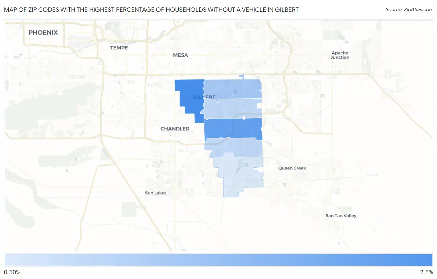 Zip Codes with the Highest Percentage of Households Without a Vehicle in Gilbert Map