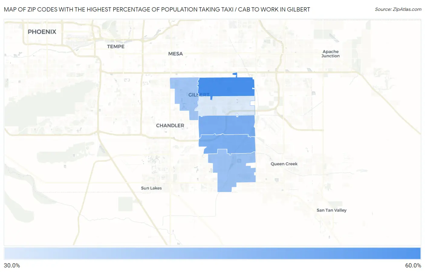 Zip Codes with the Highest Percentage of Population Taking Taxi / Cab to Work in Gilbert Map