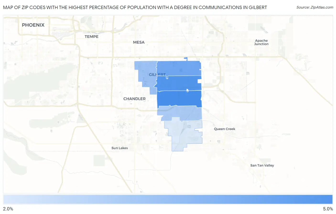 Zip Codes with the Highest Percentage of Population with a Degree in Communications in Gilbert Map