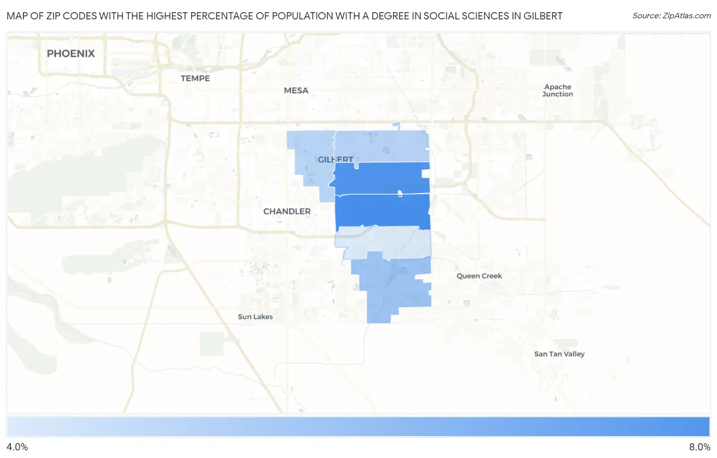Zip Codes with the Highest Percentage of Population with a Degree in Social Sciences in Gilbert Map