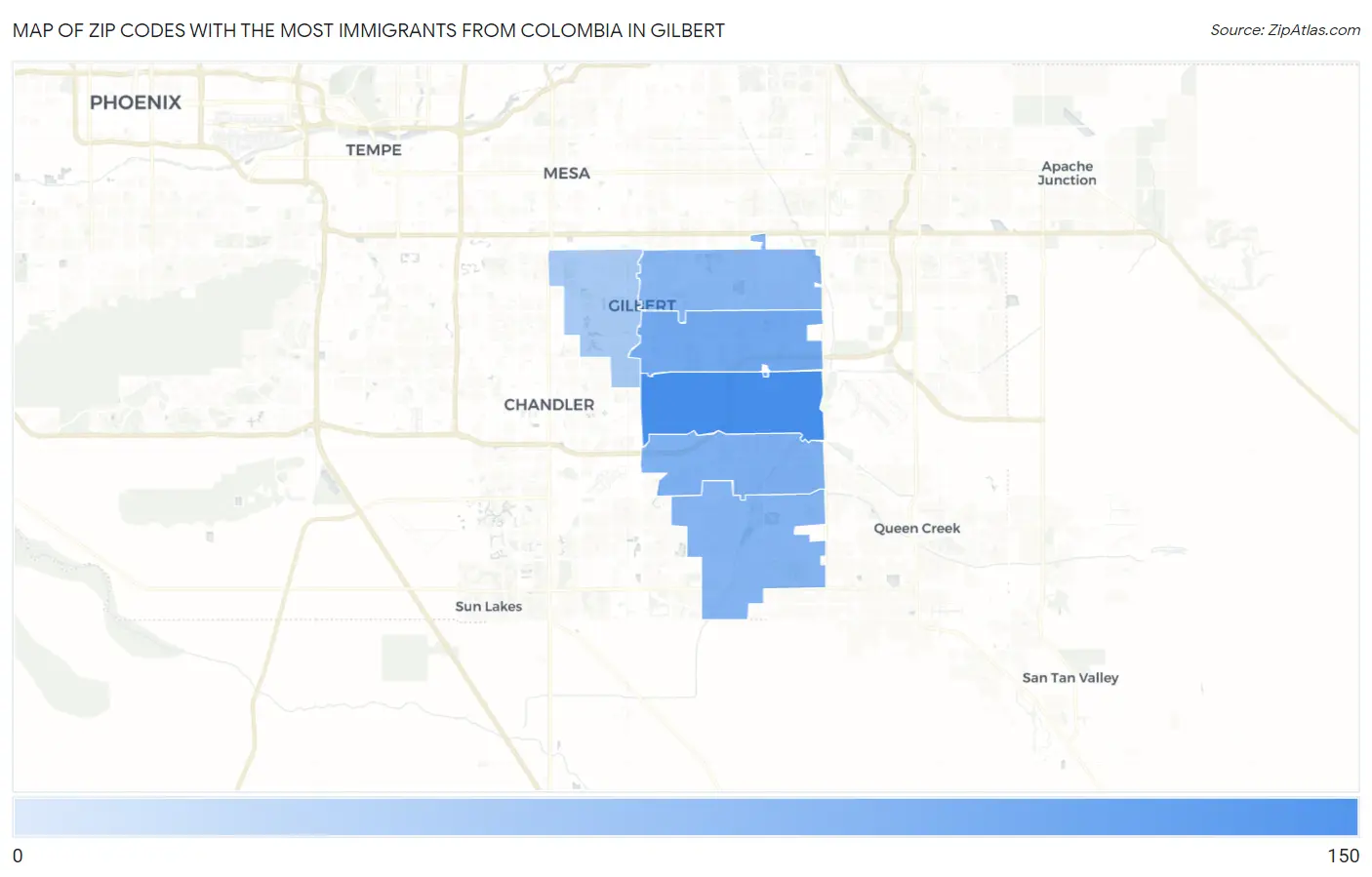 Zip Codes with the Most Immigrants from Colombia in Gilbert Map