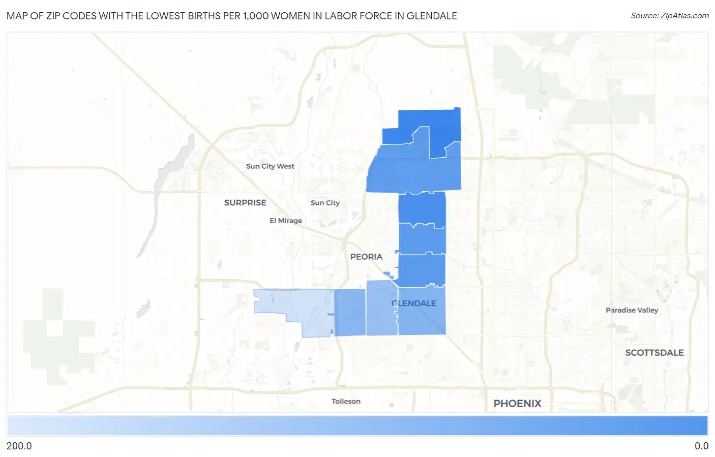 Zip Codes with the Lowest Births per 1,000 Women in Labor Force in Glendale Map