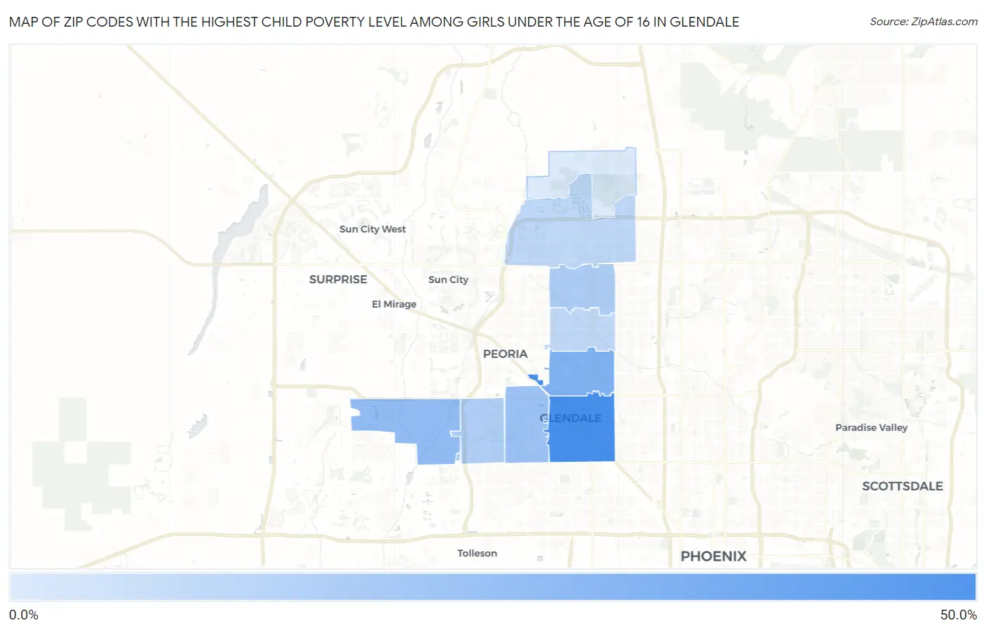 Zip Codes with the Highest Child Poverty Level Among Girls Under the Age of 16 in Glendale Map
