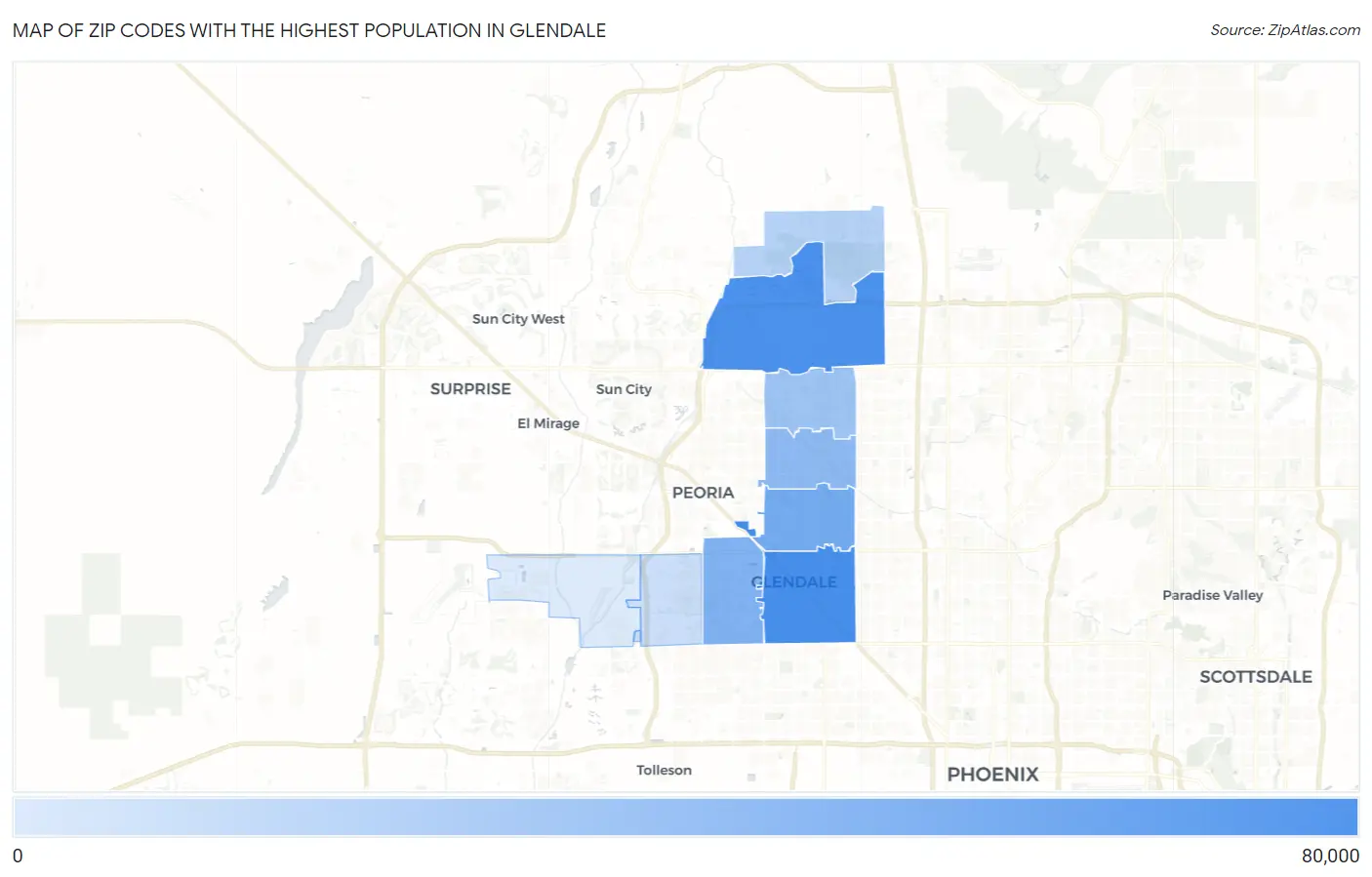 Zip Codes with the Highest Population in Glendale Map