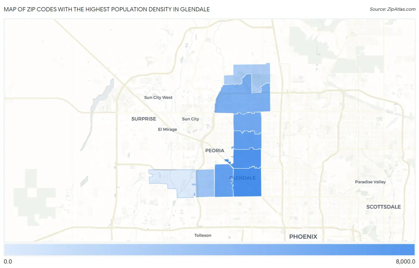 Zip Codes with the Highest Population Density in Glendale Map