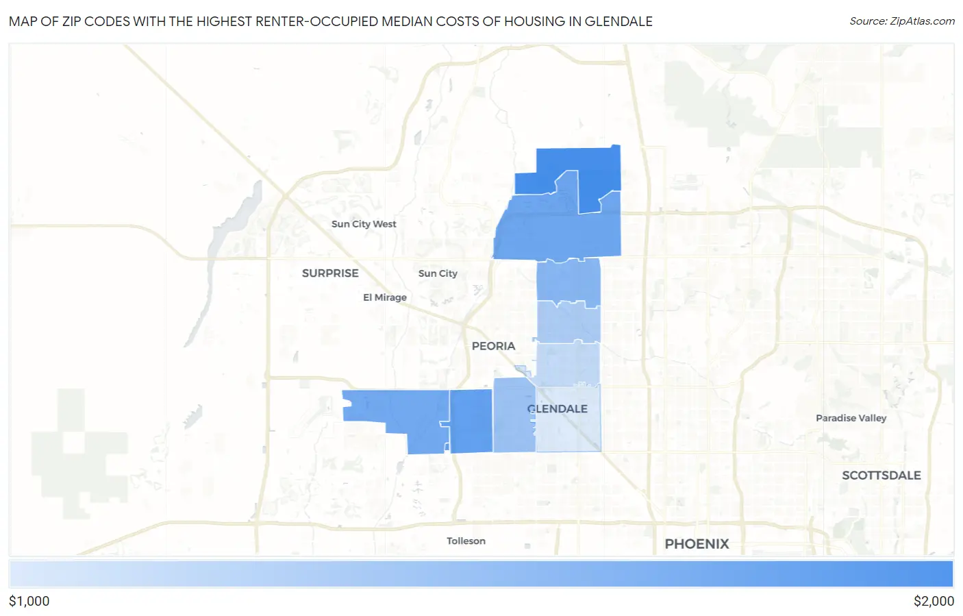 Zip Codes with the Highest Renter-Occupied Median Costs of Housing in Glendale Map