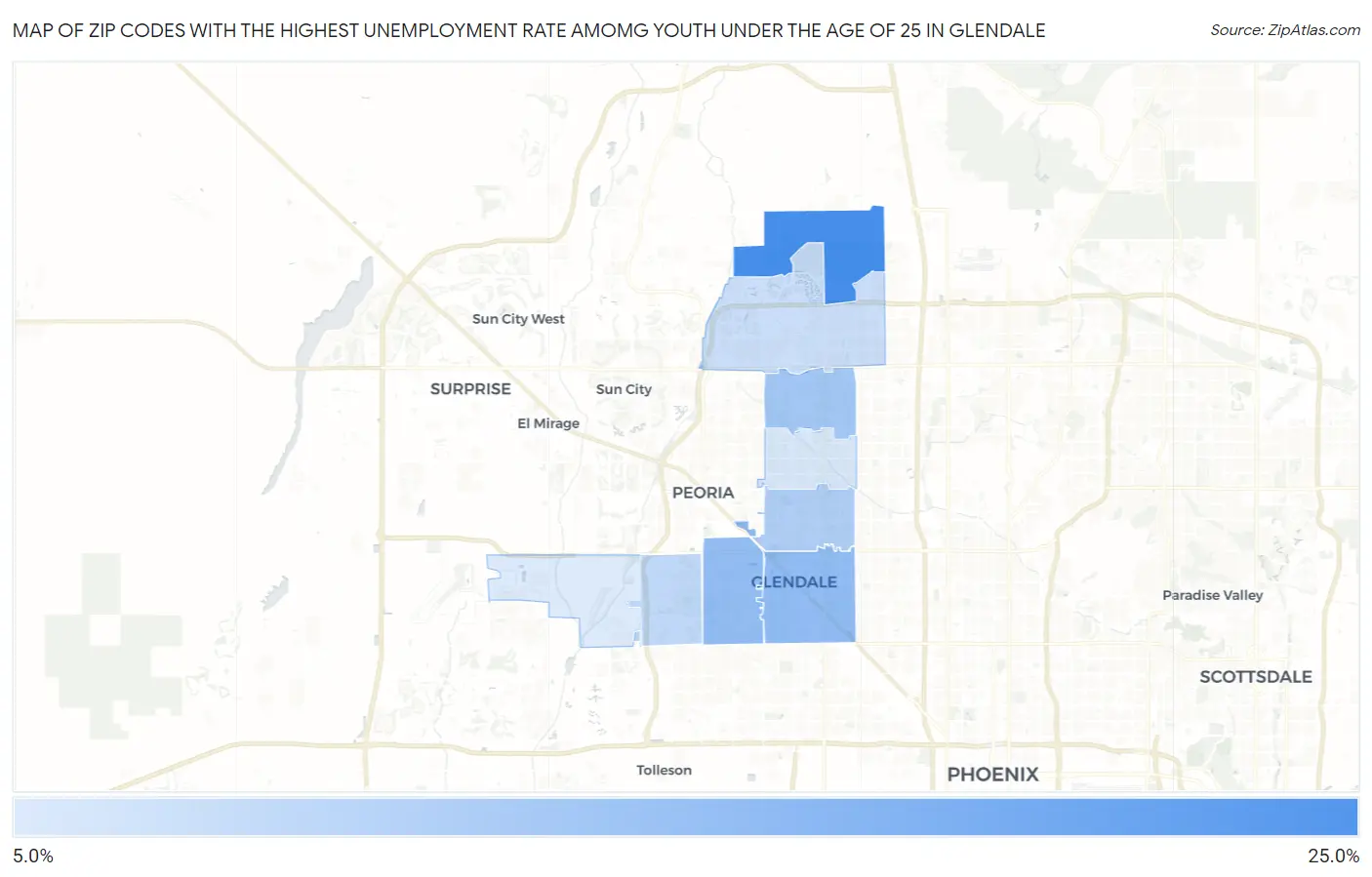 Zip Codes with the Highest Unemployment Rate Amomg Youth Under the Age of 25 in Glendale Map